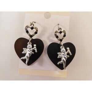 Angel Heart Black Stone Dangle Earrings w/ Crystals Stones